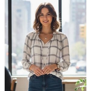 Loft Factory Split Neck Windowpane Blouse White & Navy Size M